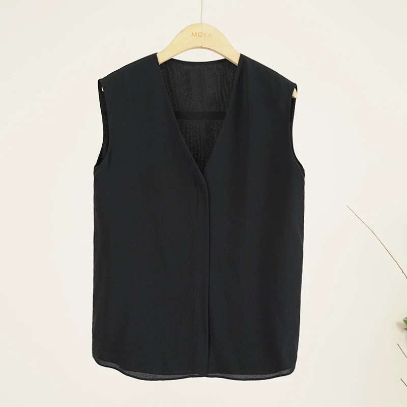 双层鬼绉100%桑蚕丝高级感V领背心无袖女士上衣（230606）