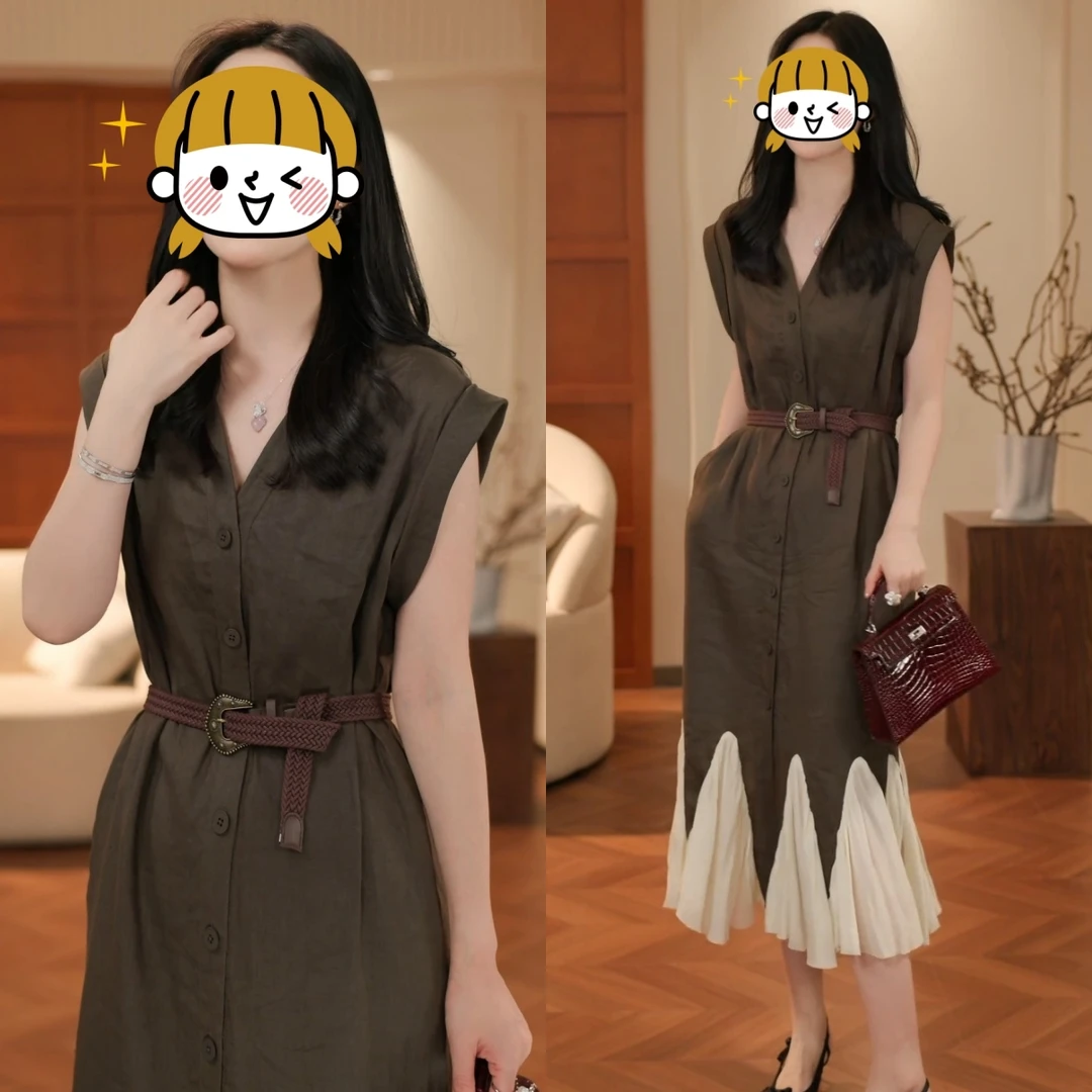 时尚法式飞飞袖连衣裙女夏季新款设计感收腰显瘦撞色中长款裙子潮