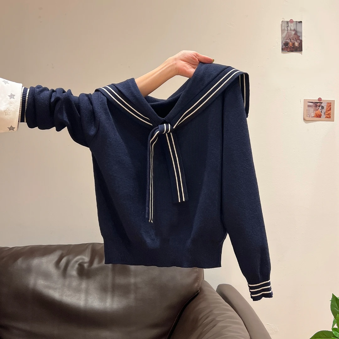 2025年秋季新款松弛感宽松上衣学院风可爱海军领条纹绑带针织衫女