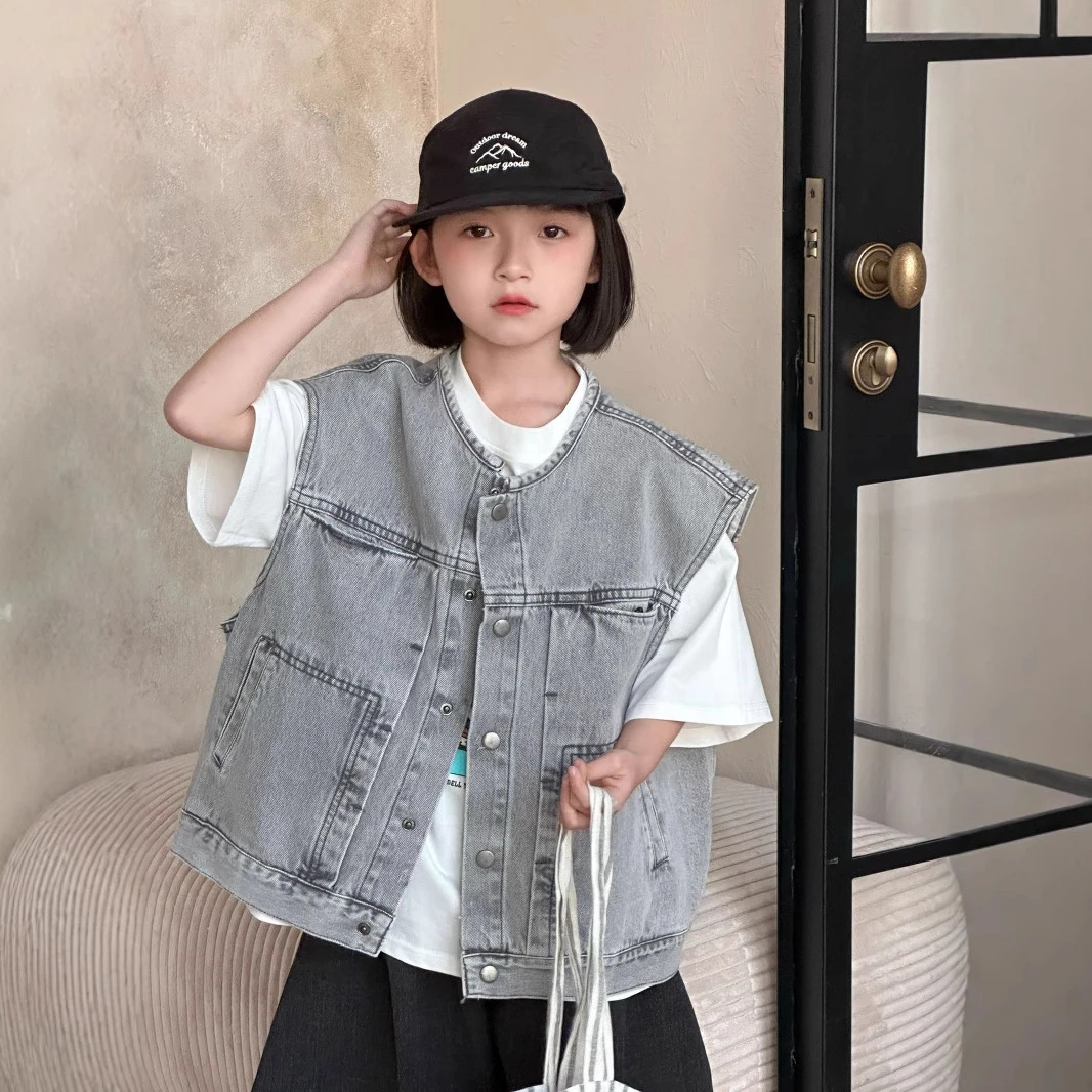 秋季新款韩版水洗做旧重工牛仔马甲叠穿女童童装