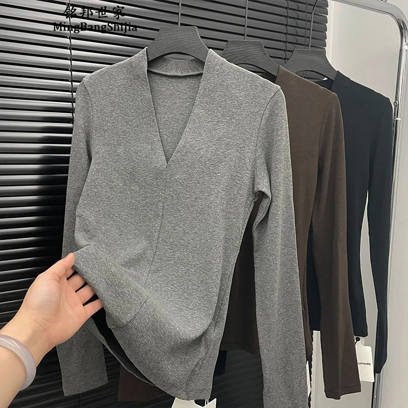 【铭邦世家】美式V领修身显瘦打底设计感百搭别致洋气内搭外穿上衣