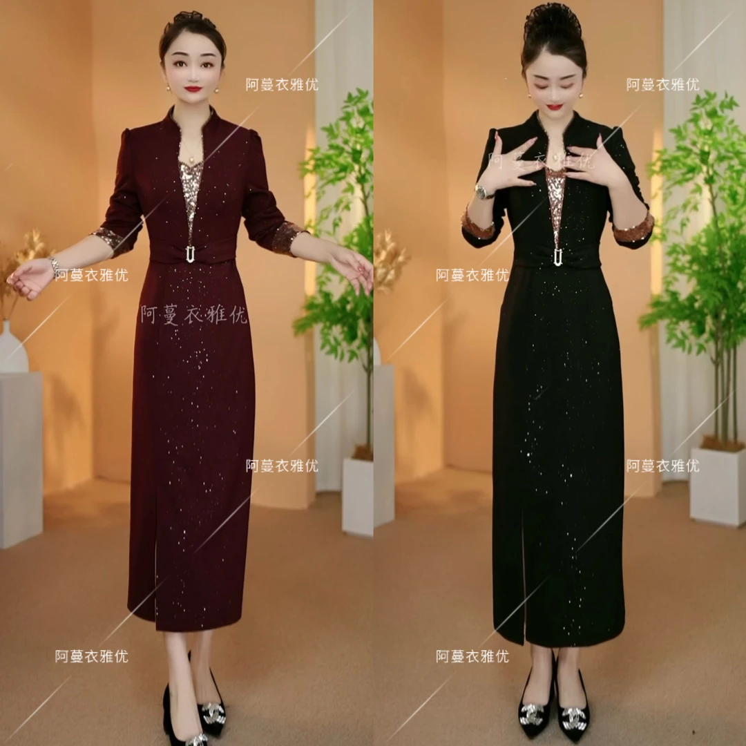 【衣雅严选】8121-2407#新款高定软精仿烫金气质显瘦满天星连衣裙