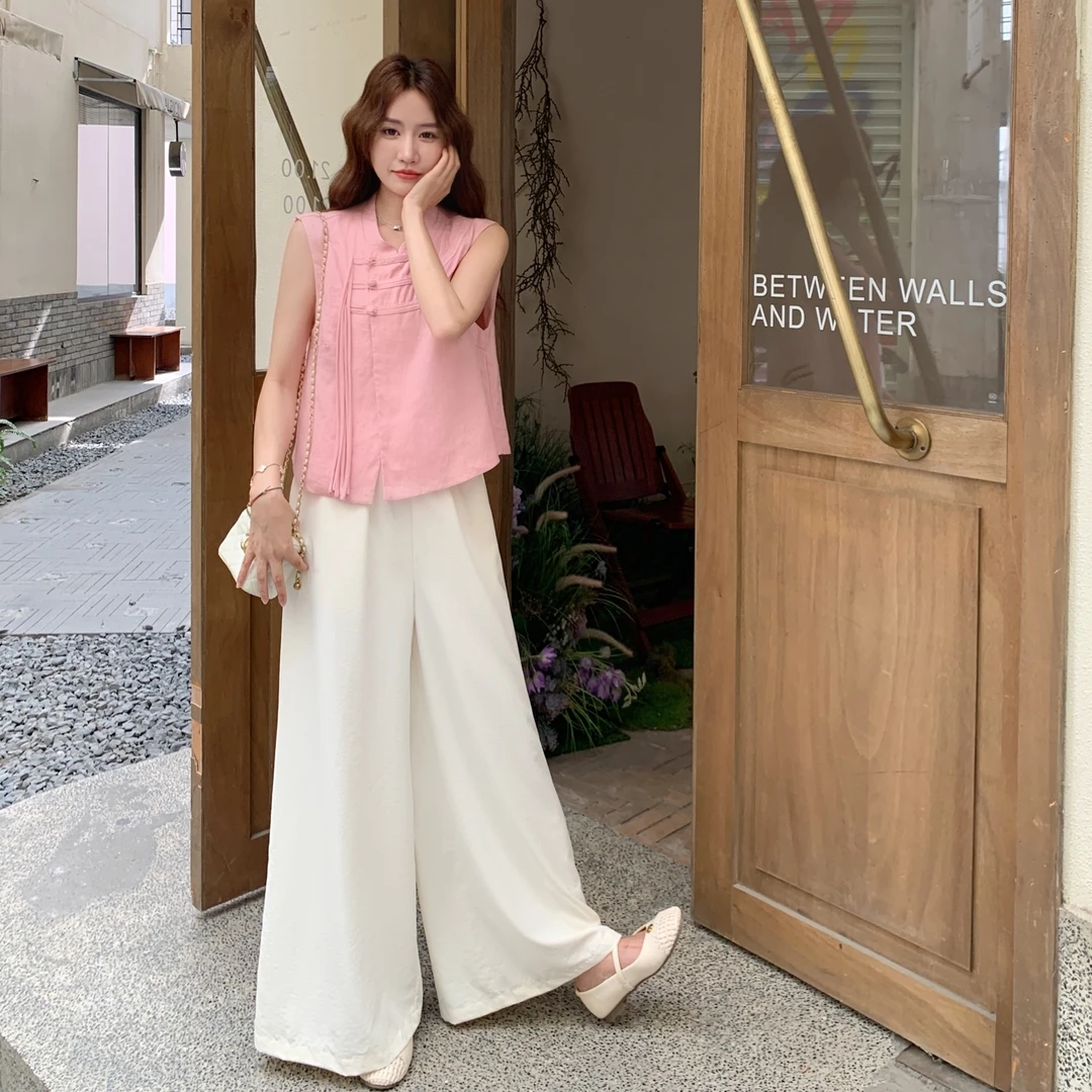 新中式国风盘扣背心阔腿裤套装女2025年夏季甜美减龄无袖上衣套装