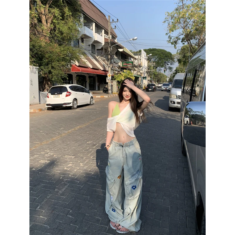 韩版刺绣小花朵工装设计款阔腿牛仔裤女装宽松显瘦百搭拖地长裤子