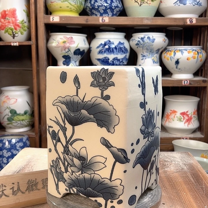 陶四方盆复古荷花陶瓷