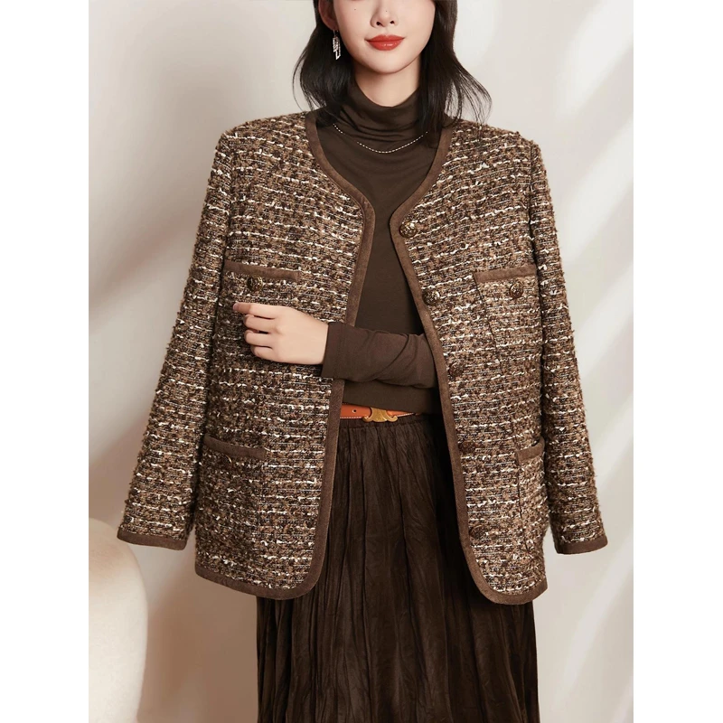 羊毛粗花呢轻奢巴恩风短款小香风外套高级洋气 麂皮包边上衣秋冬