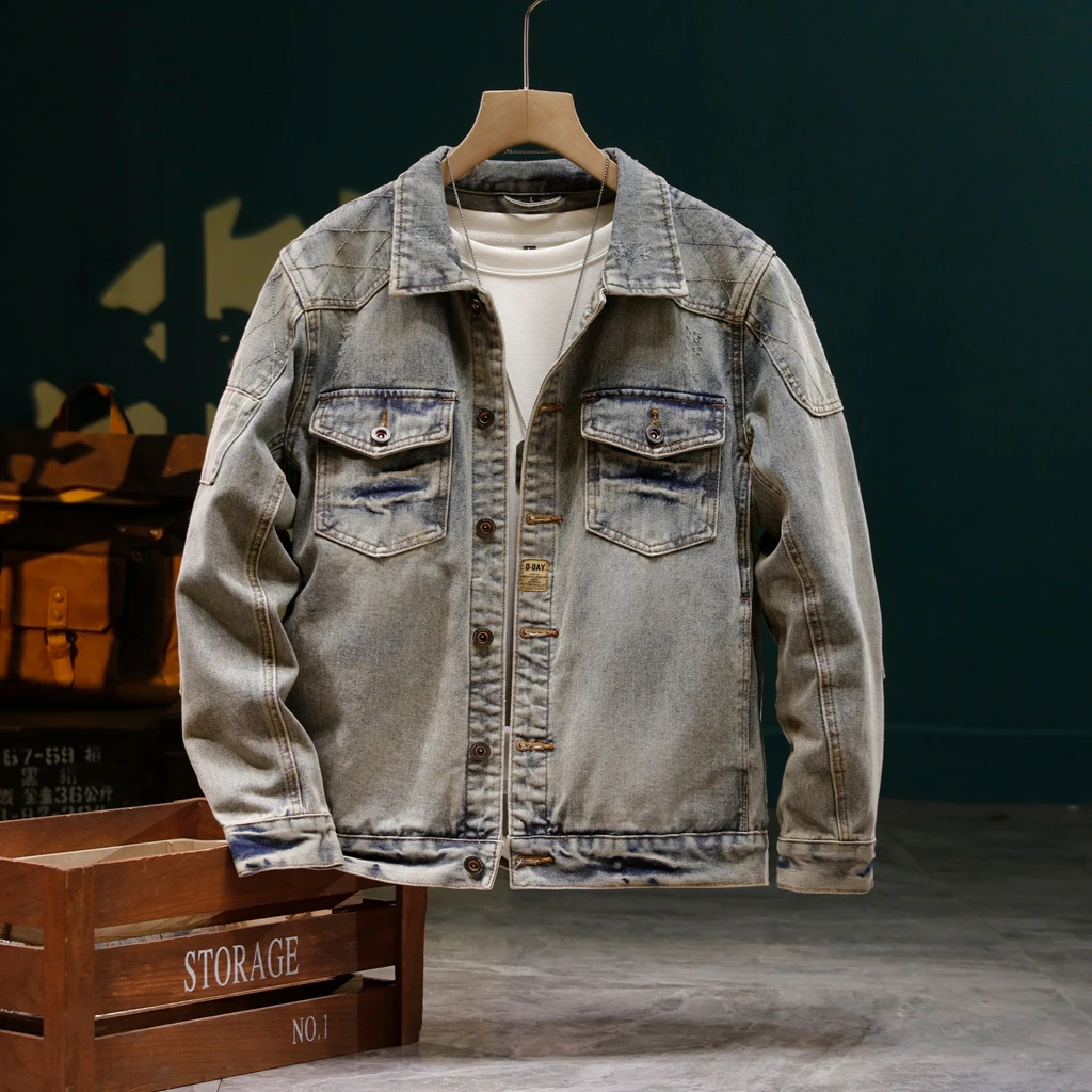 【优选+】休闲男外套上衣男士牛仔秋季复古修身水洗做旧外套JK527