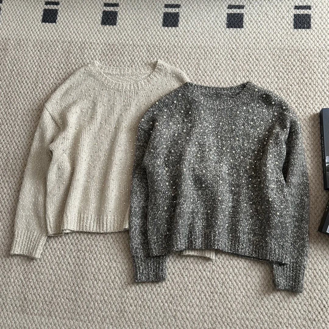 【米可家】氛围感珍珠亮闪圆领毛衣2129