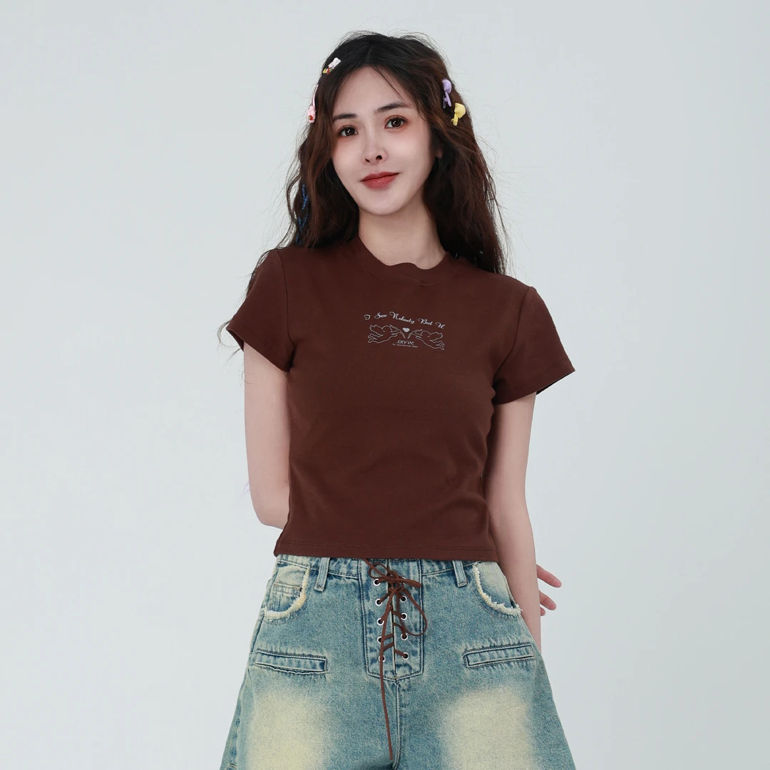 ANPK美式复古高级感印花修身正肩短袖T恤AD121C1279