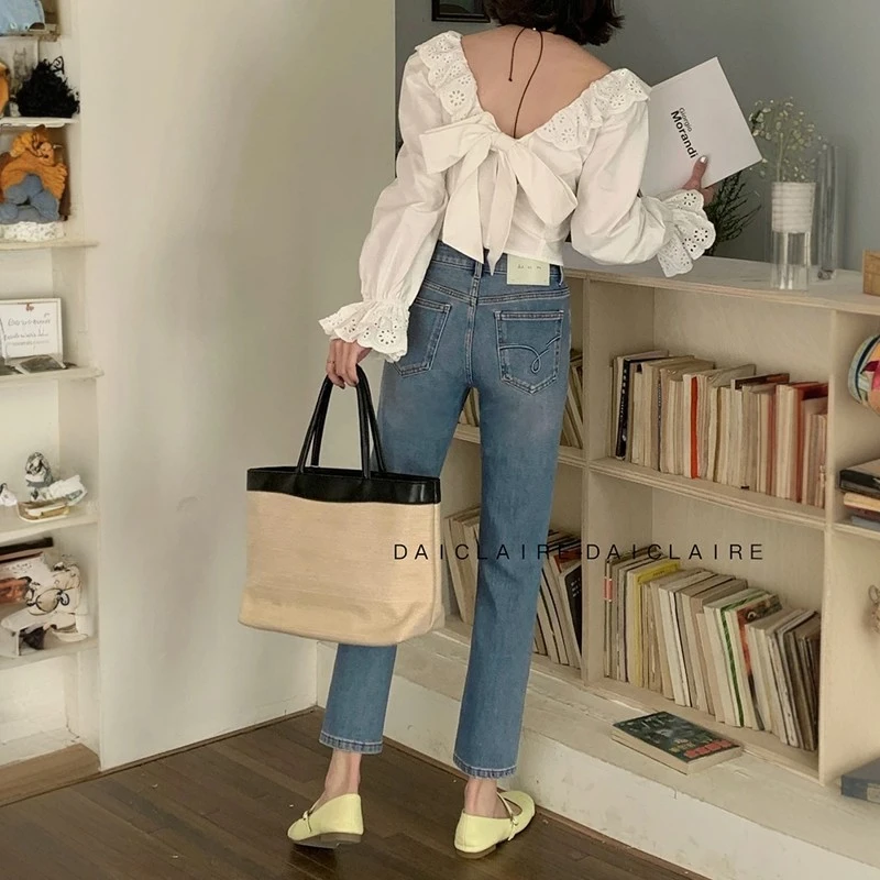 代嘉儿daiclaire牛仔裤女早春新款直筒裤弹力蓝色九分烟管裤98306
