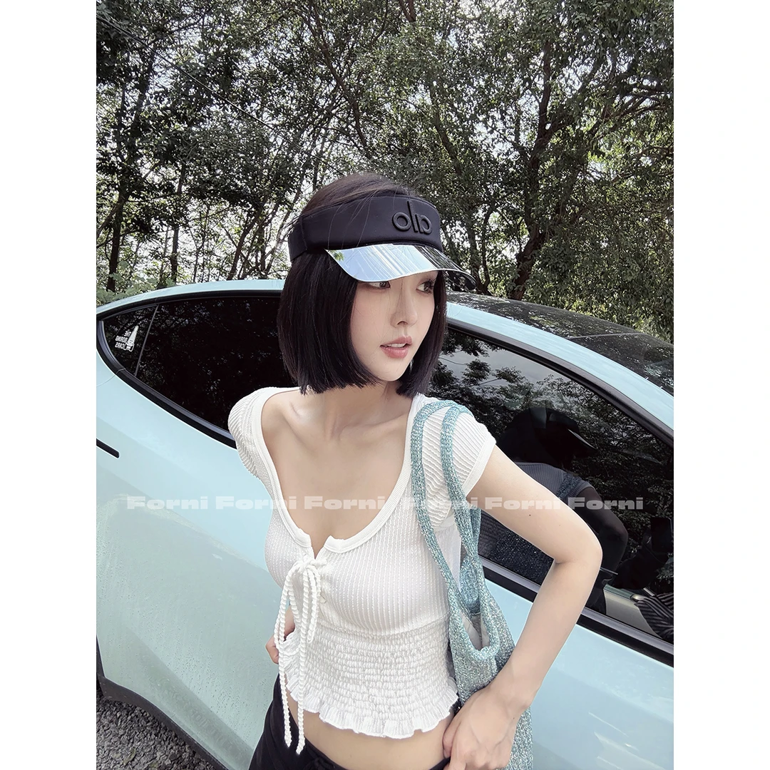 FORNI 小恋曲 木耳边打揽绑带包肩U领三分袖修身T恤上衣