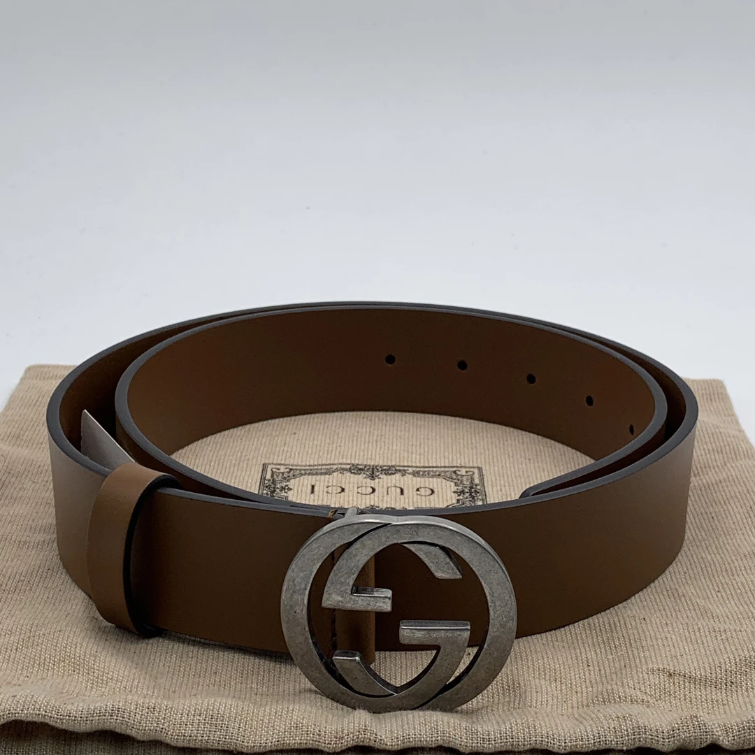 99新 GUCCI/古驰 古驰男士经典扣卡其色腰带长度85宽度3.4