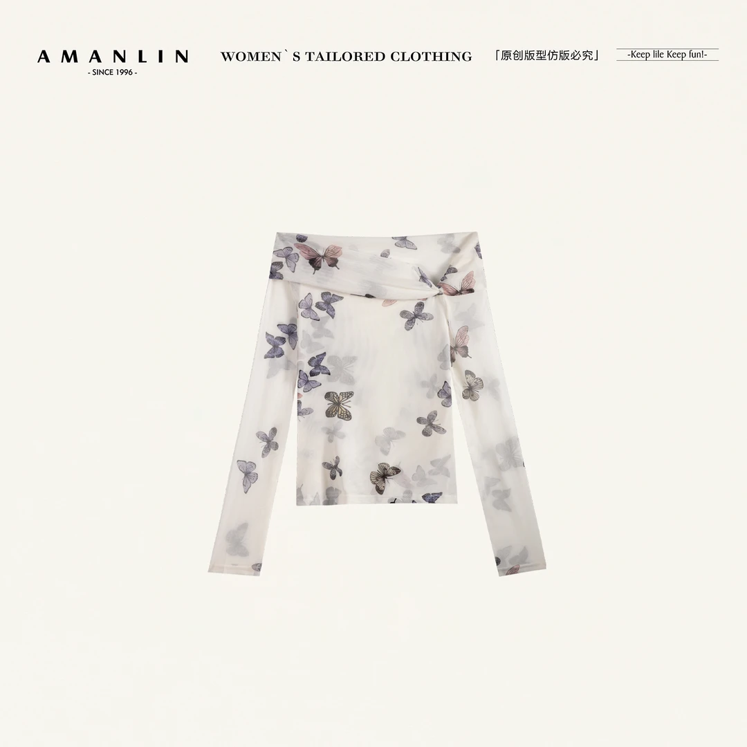 AMANLIN/阿谩琳琥珀流光白色蝴蝶印花一字肩网纱长袖上衣D599760