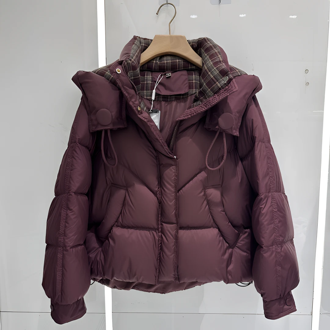 时尚撞色棉服女冬季新款小个子连帽格子拼接外套加厚保暖棉衣外套