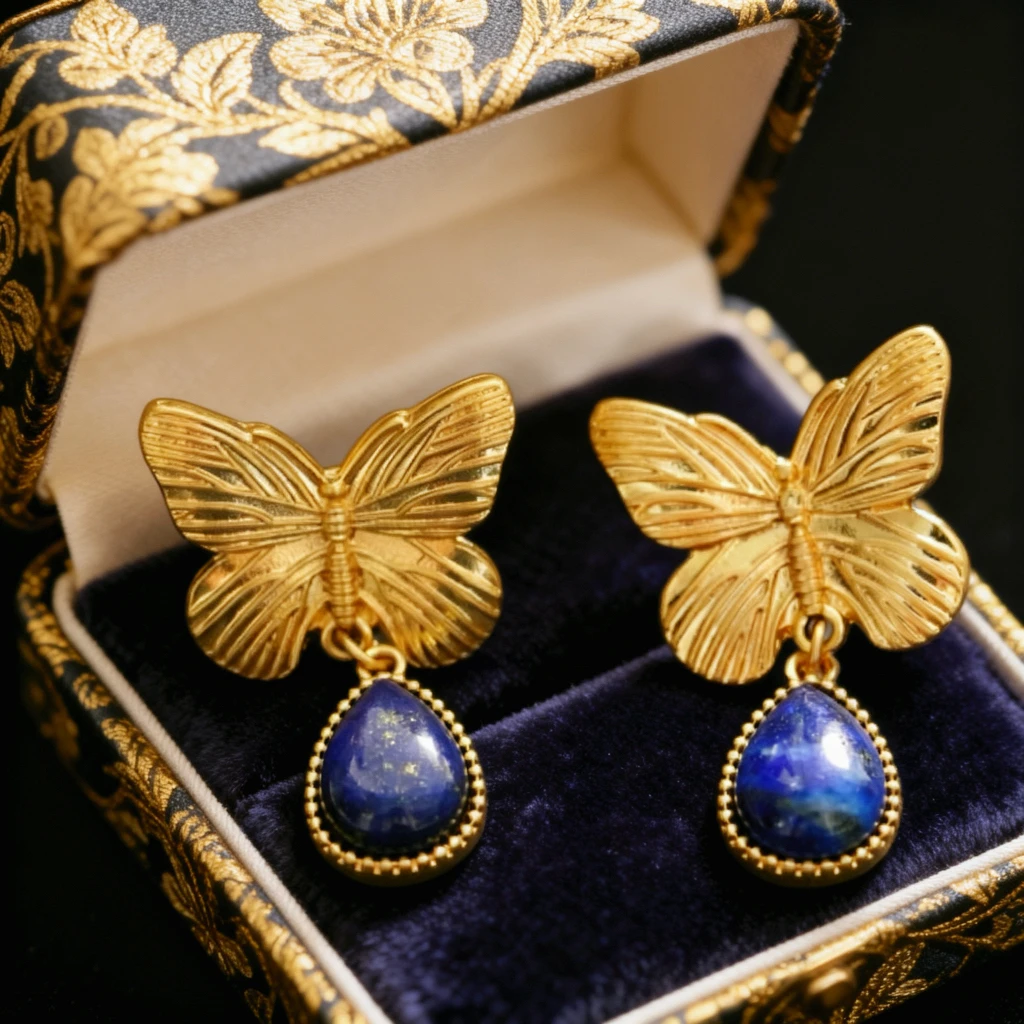 铜合金珐琅耳饰 中古风蝴蝶蓝色流苏耳环T789