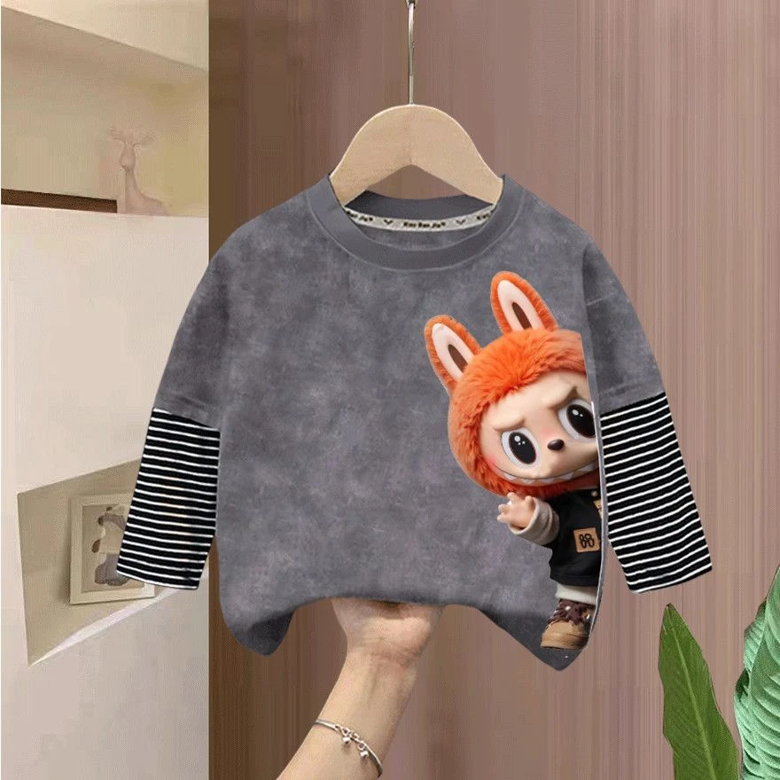 纯棉拉布布系列2025春秋爆款长袖圆领t恤卡通男童女童卡通假两件t