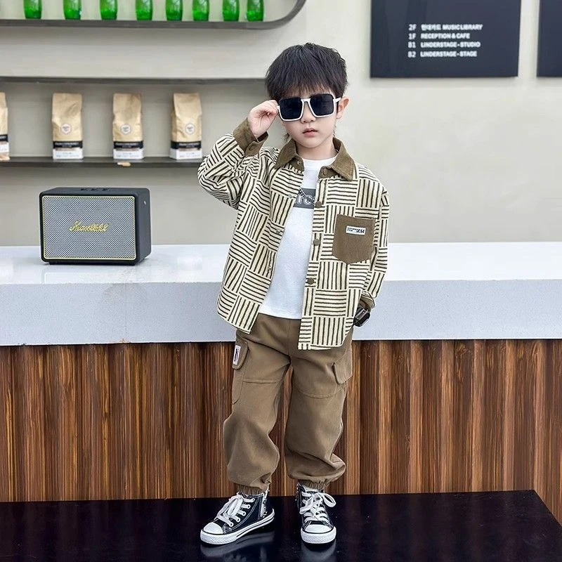 男童秋装套装2025新款韩版宝宝套装时髦潮酷儿童外套裤子衣服