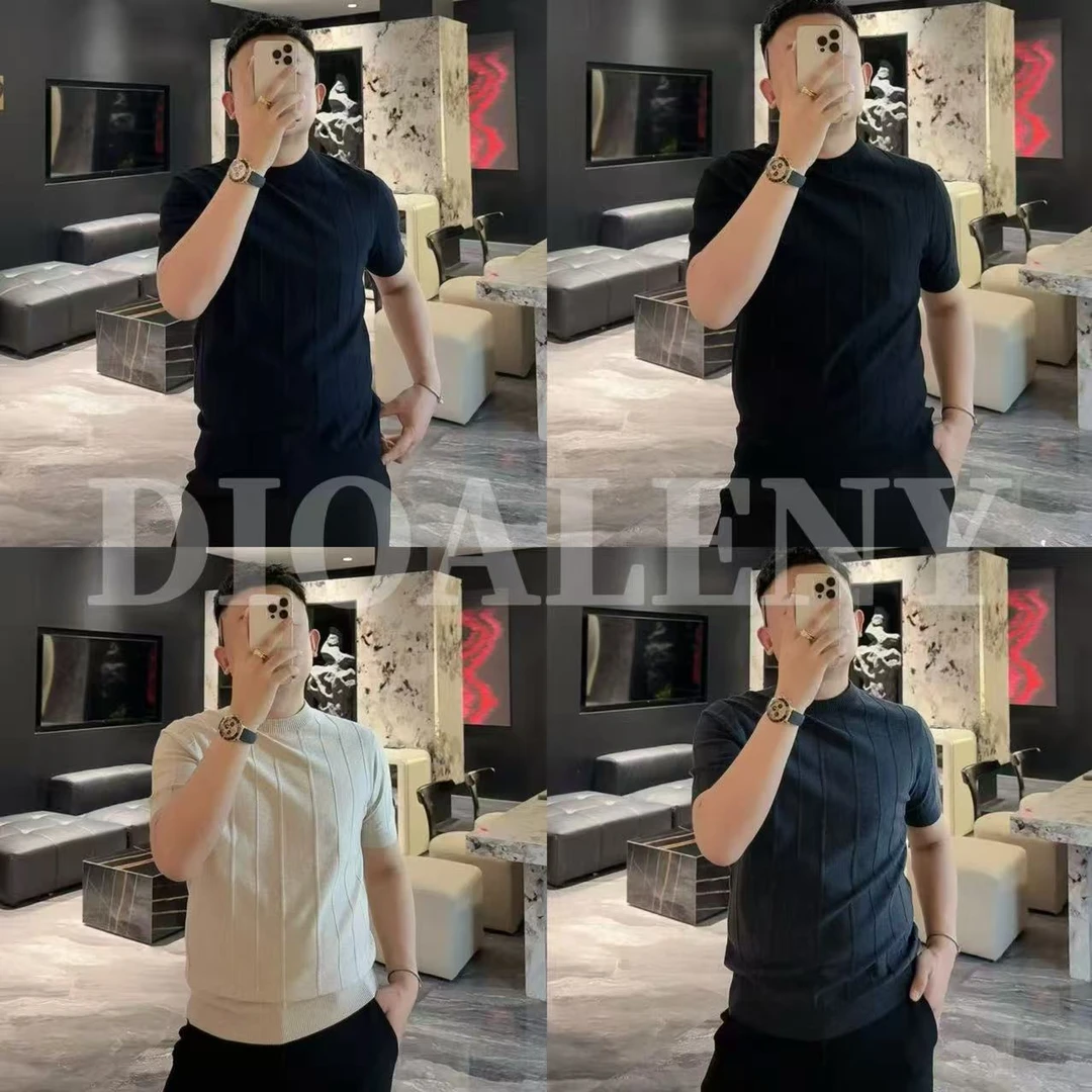 【帅老板】28530秋冬轻奢男士羊毛混纺圆领亲肤绒条纹短袖