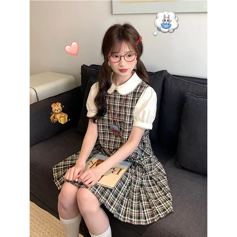 女大童复古学院风连衣裙夏季12岁女孩13少女15初中生格子拼接裙子