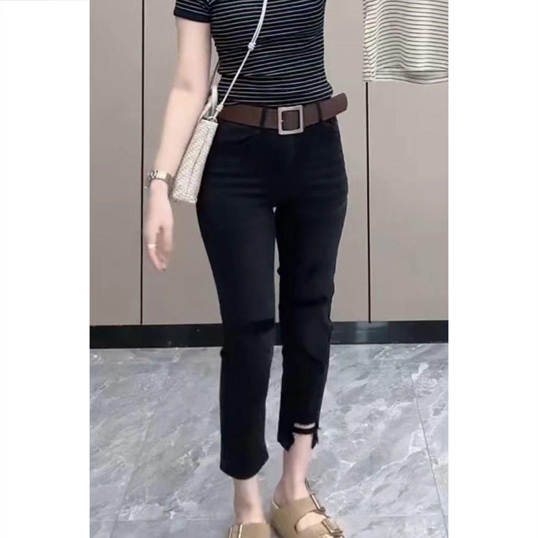 烟管裤夏季磨破极简风新款高腰牛仔裤女时尚显瘦时尚小脚裤九分裤