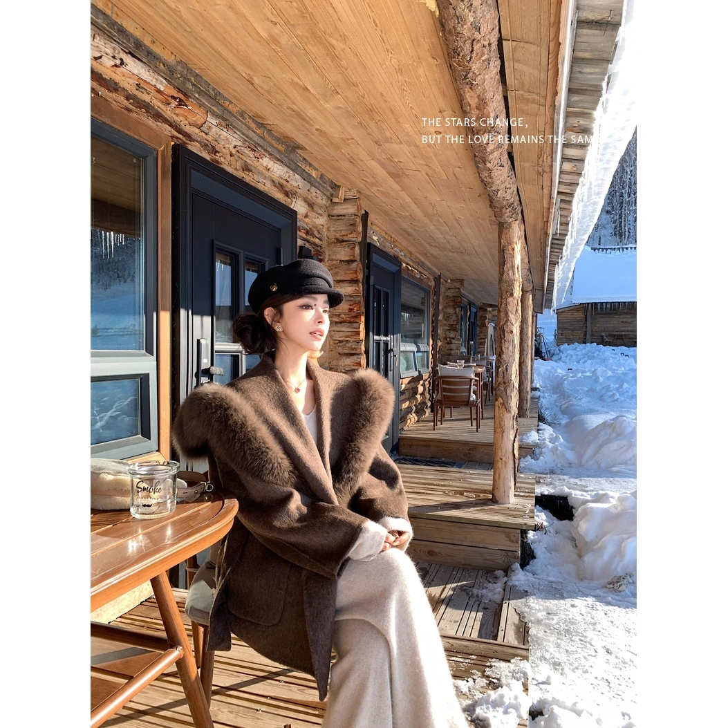 【雪山大衣】海军领狐狸毛中长款双面羊毛大衣毛呢外套