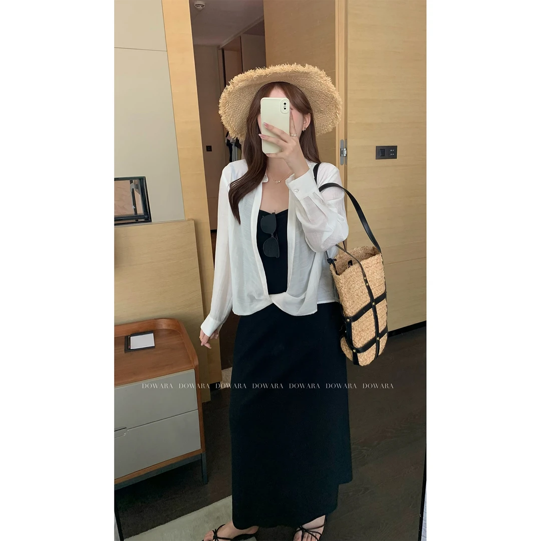 现货大婉酱微胖定制法式高级感黑色吊带裙两件套别致上衣女8300D