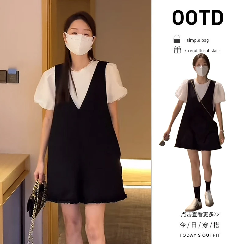 初夏穿搭一整套女装2025新款韩版泡泡袖白色衬衫阔腿背带裤两件套