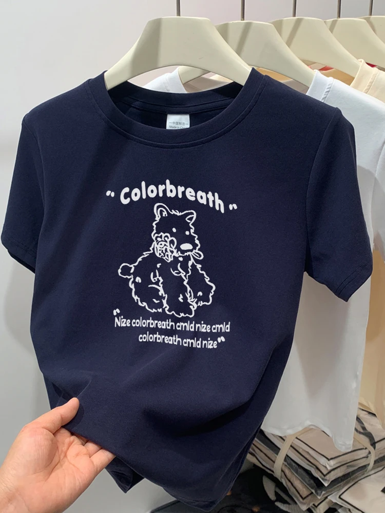 正肩显瘦显白短袖T恤女装设计感打底纯棉百搭卡通印花ins圆领上衣