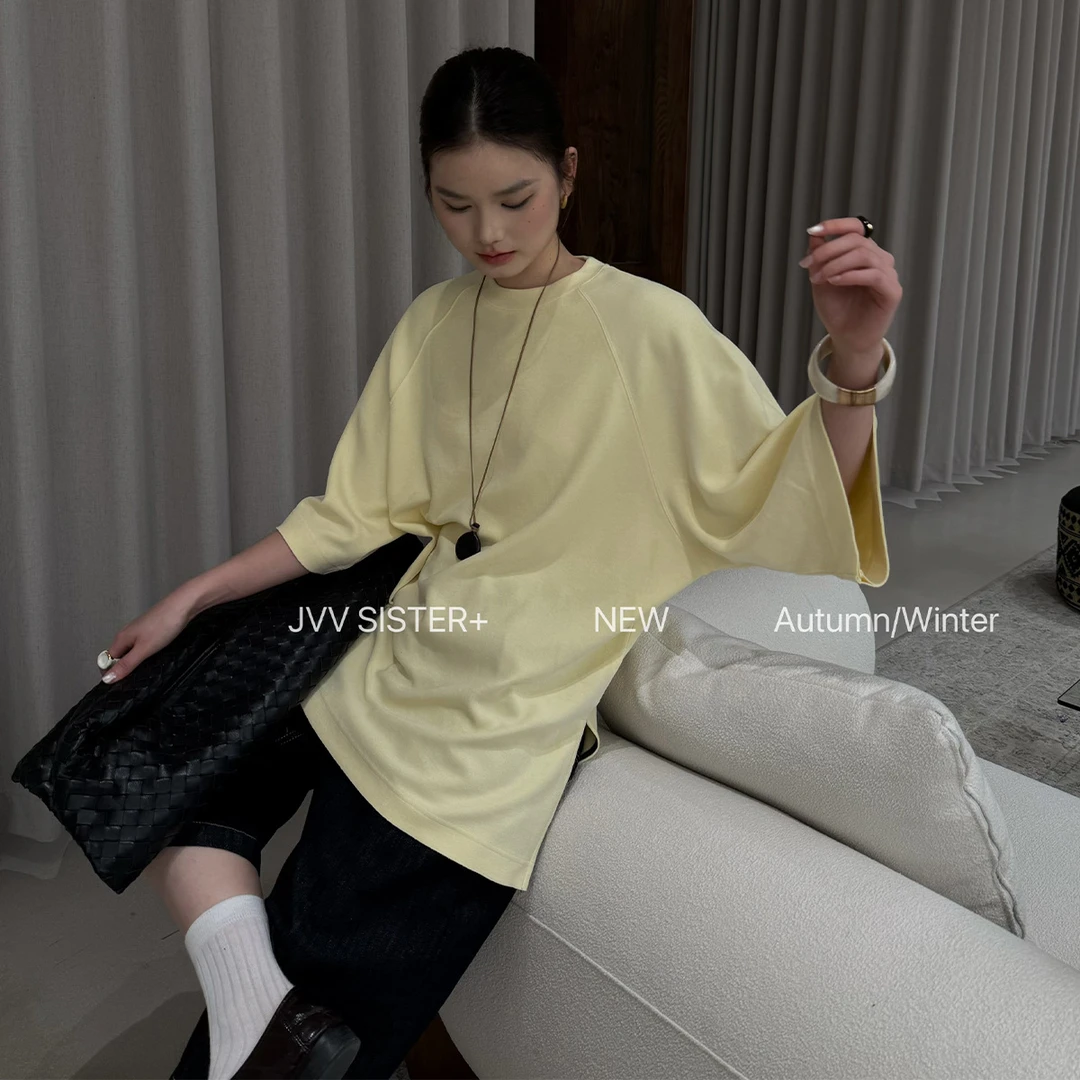 JVV十三行2026春季新款圆领宽松阔版上衣休闲五分袖T恤女潮00859