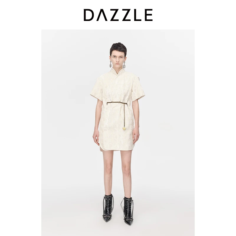 DAZZLE地素奥莱魔方旗袍新款新中式白色刺绣流苏连衣裙女2H3RE02