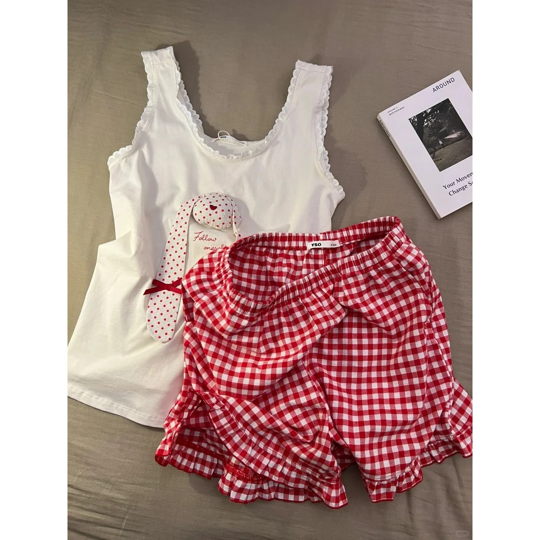 甜美可爱小玩偶蕾丝花边吊带短裤女2025春夏季新款韩系风居家套装