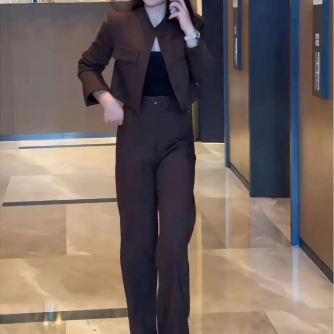 时尚百搭美拉德风格高腰直筒裤显瘦女装套装洋气