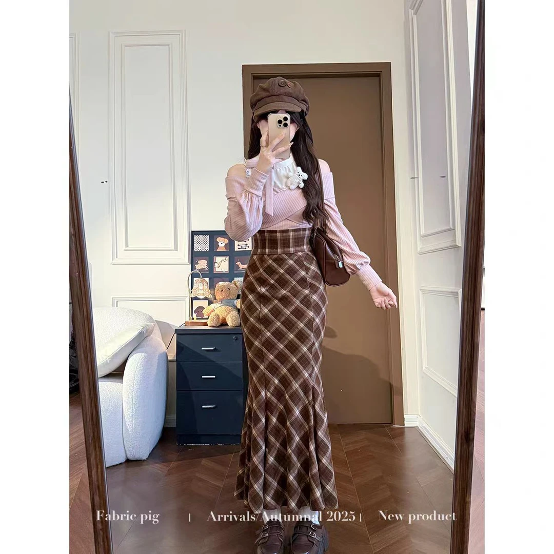 千金感格纹包臀半身裙女秋装高腰毛呢鱼尾长裙子