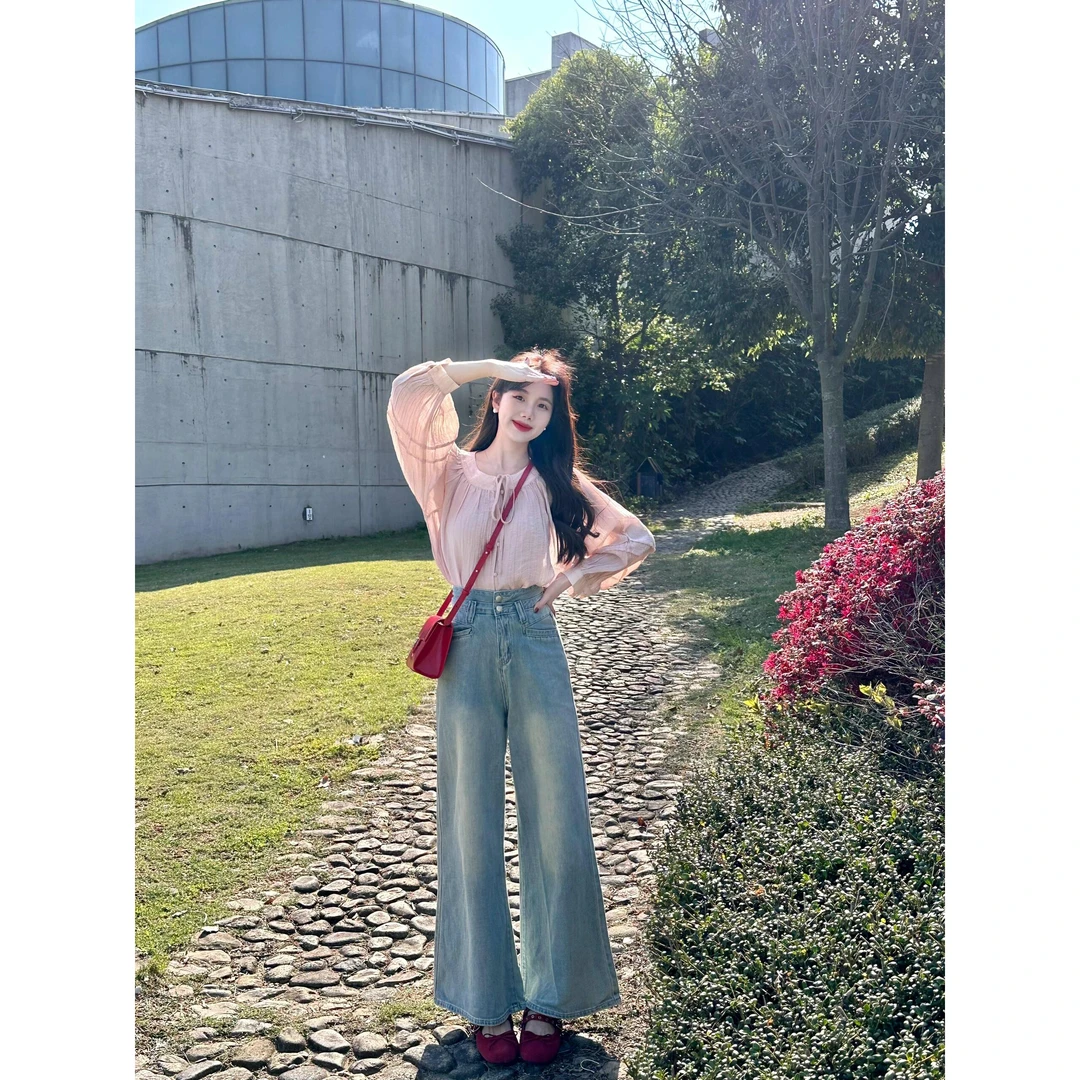 粉色长袖泡泡袖蝴蝶结系带衬衫复古高腰显瘦垂感阔腿裤子两件套春