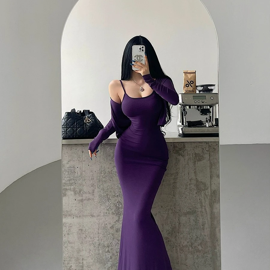 YoungGirlDay卡戴珊性感包臀鱼尾吊带连衣裙拖地长裙长袖开衫套装