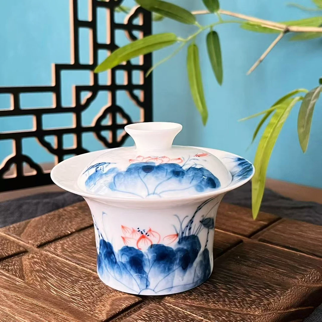 鱼戏莲二才马蹄盖碗120ml加赠送60cc高脚杯加赠送9.2cm盖置