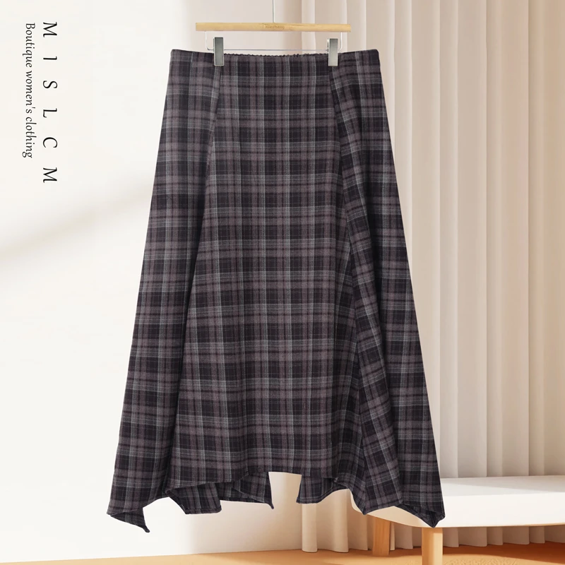 秋冬新款高腰六片式拼接格子半身裙女显高遮肉显瘦a字半裙5339