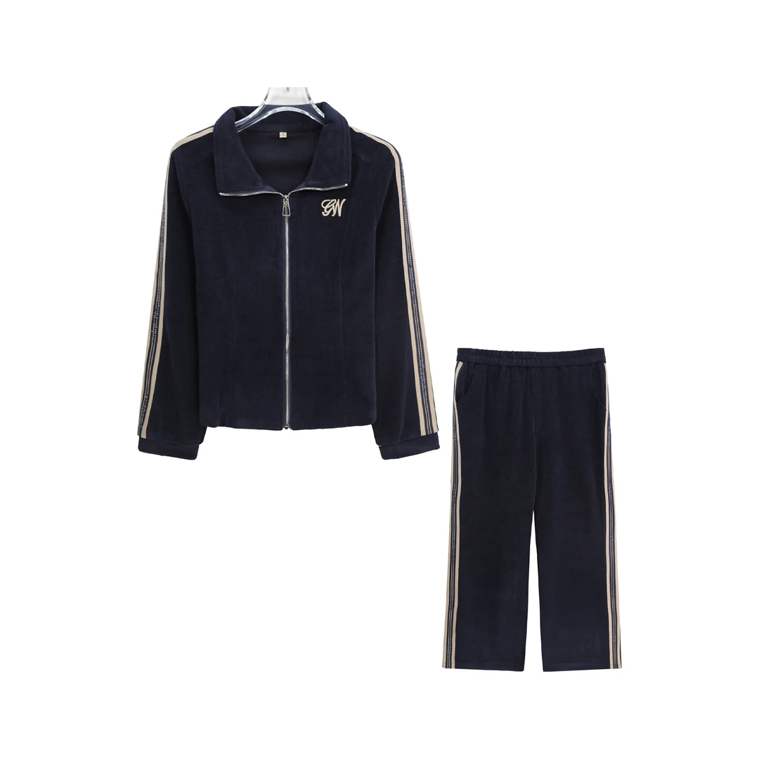 简约纯色条纹宽松拉链上衣百搭休闲裤套装S4319