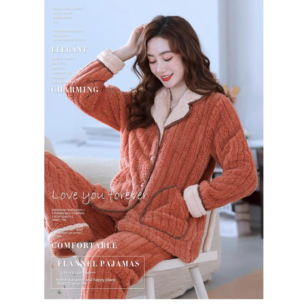 FAVMARTHA睡衣女秋冬款法兰绒加厚冬季珊瑚绒保暖中年女士家居服