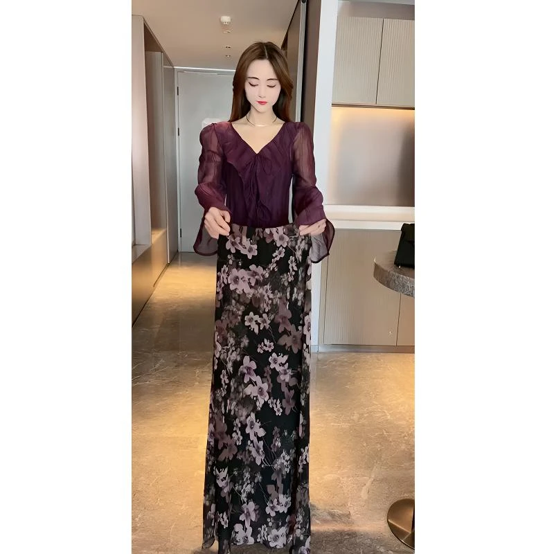 名媛风气质洋气微透压褶荷叶边雪纺衫女中长款碎花鱼尾雪纺半身裙