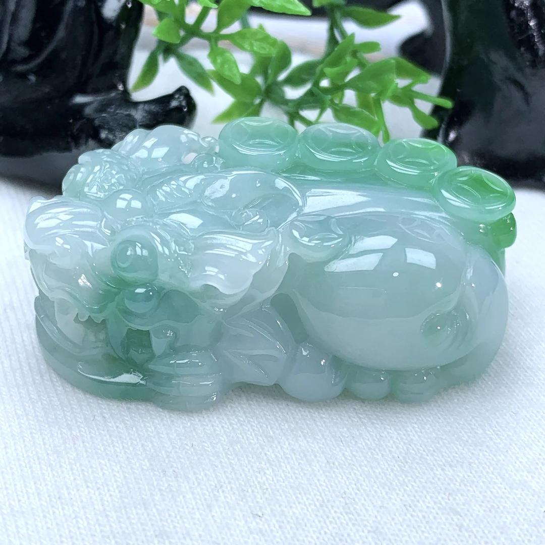 天然缅甸翡翠A货飘绿阴阳眼脚口含珠金钱貔貅吊坠48.3−28−16.3mm