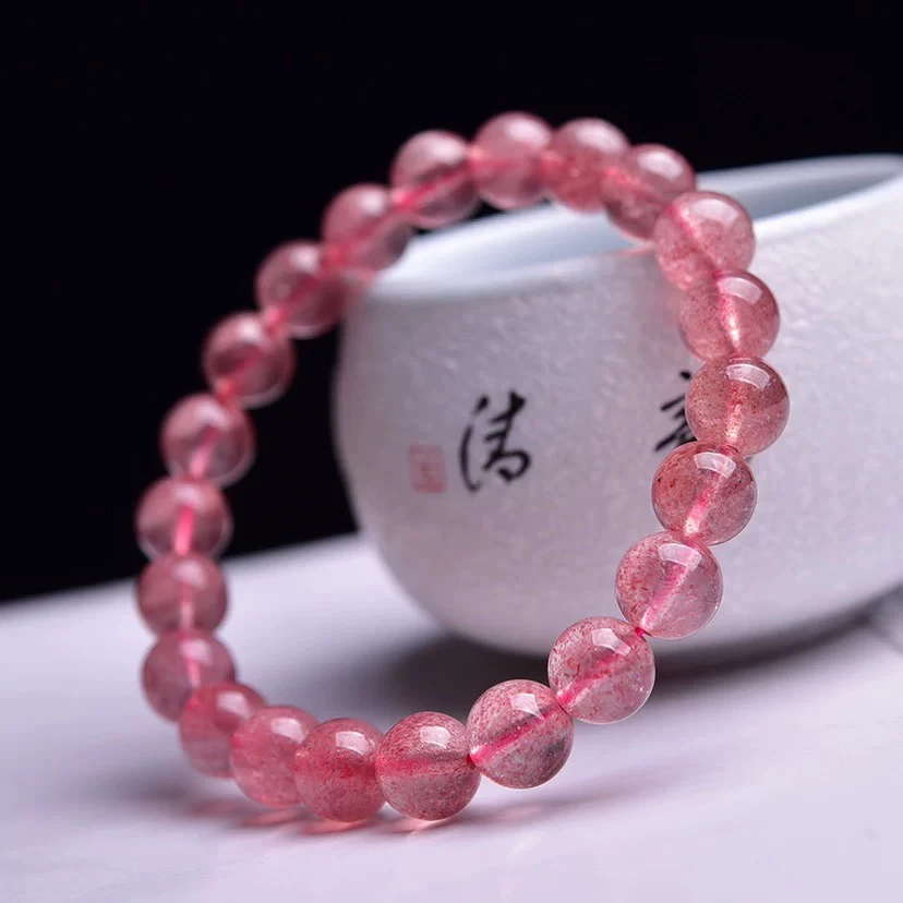 冰种草莓晶手链女鸽血红粉色水晶手环珠子散珠单圈手串招正桃花