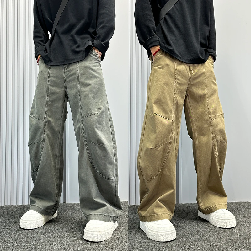 潮牌卡其色工装裤男秋季美式高街宽松直筒裤痞帅阔腿弯刀休闲裤子