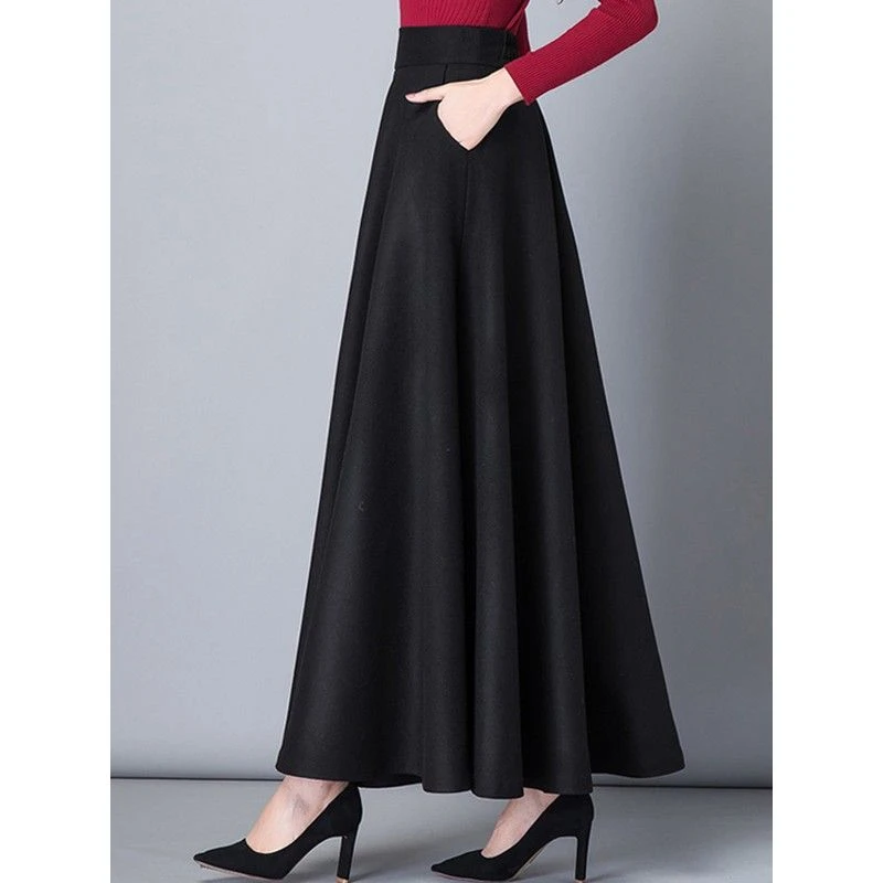 冬季毛呢长裙半身裙加厚a字裙高腰大摆长裙纯色大码呢子冬长裙女