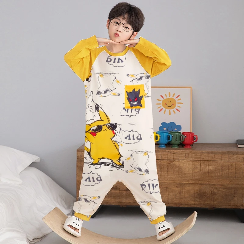 男童睡袋儿童新款春秋季纯棉卡通中大童100%全棉睡衣家居服连体衣