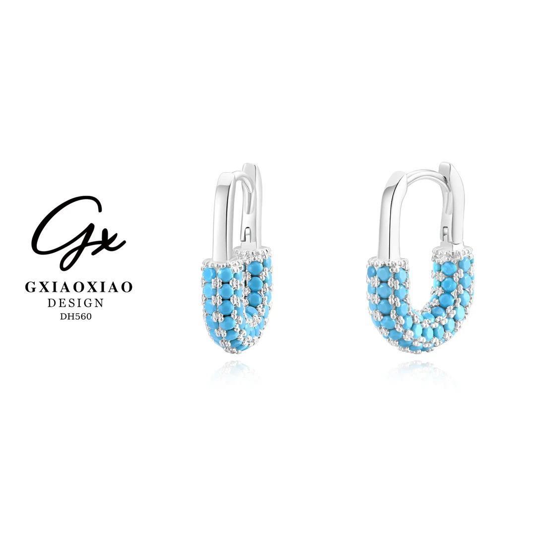 铜合金合成锆石耳饰 法式轻奢时尚蓝色U形耳环 DH560