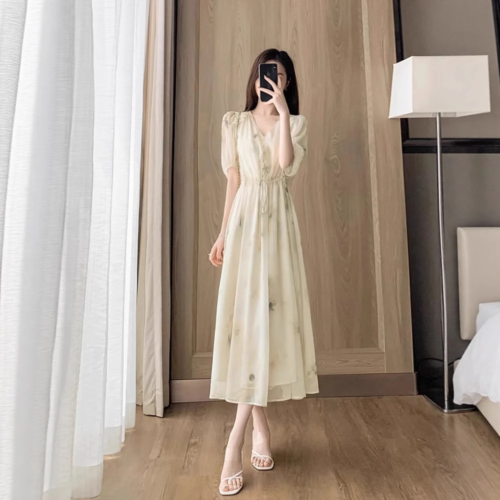 xlfs5909茶歇法式印花连衣裙女2025夏季新款收腰显瘦气质雪纺长裙