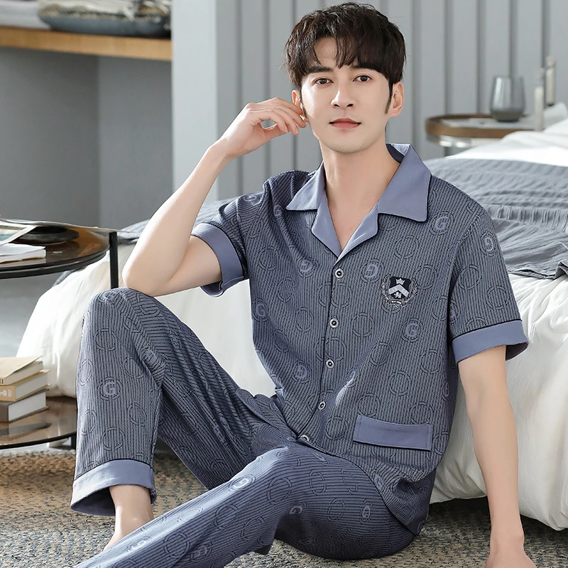 中老年人男士爸爸睡衣纯棉短袖长裤春夏季中年家居服夏天薄款套装