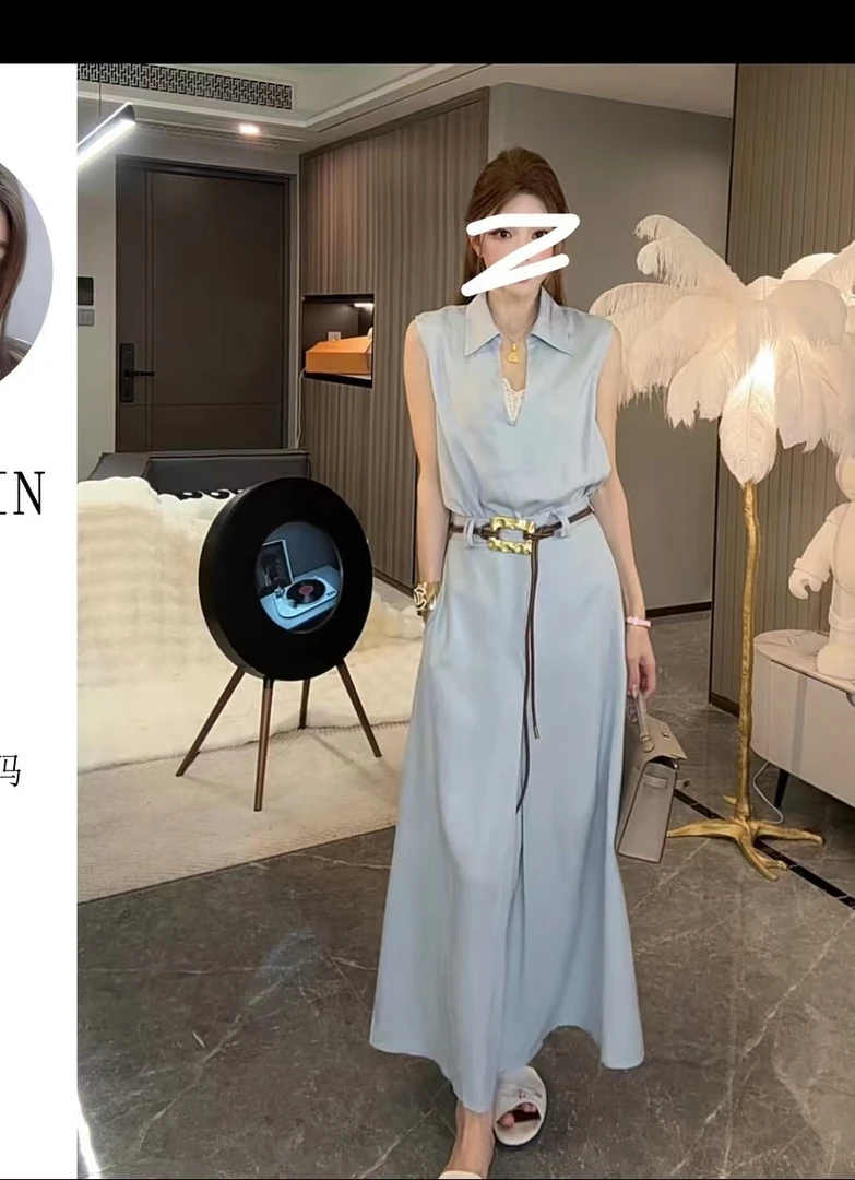 法式气质V领无袖背心上衣女夏季新款高腰A字半身裙套装（送腰带）