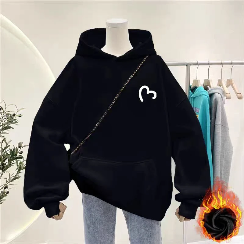 秋冬时尚q潮牌连帽加绒卫衣男女同款休闲百搭印花加绒帽衫